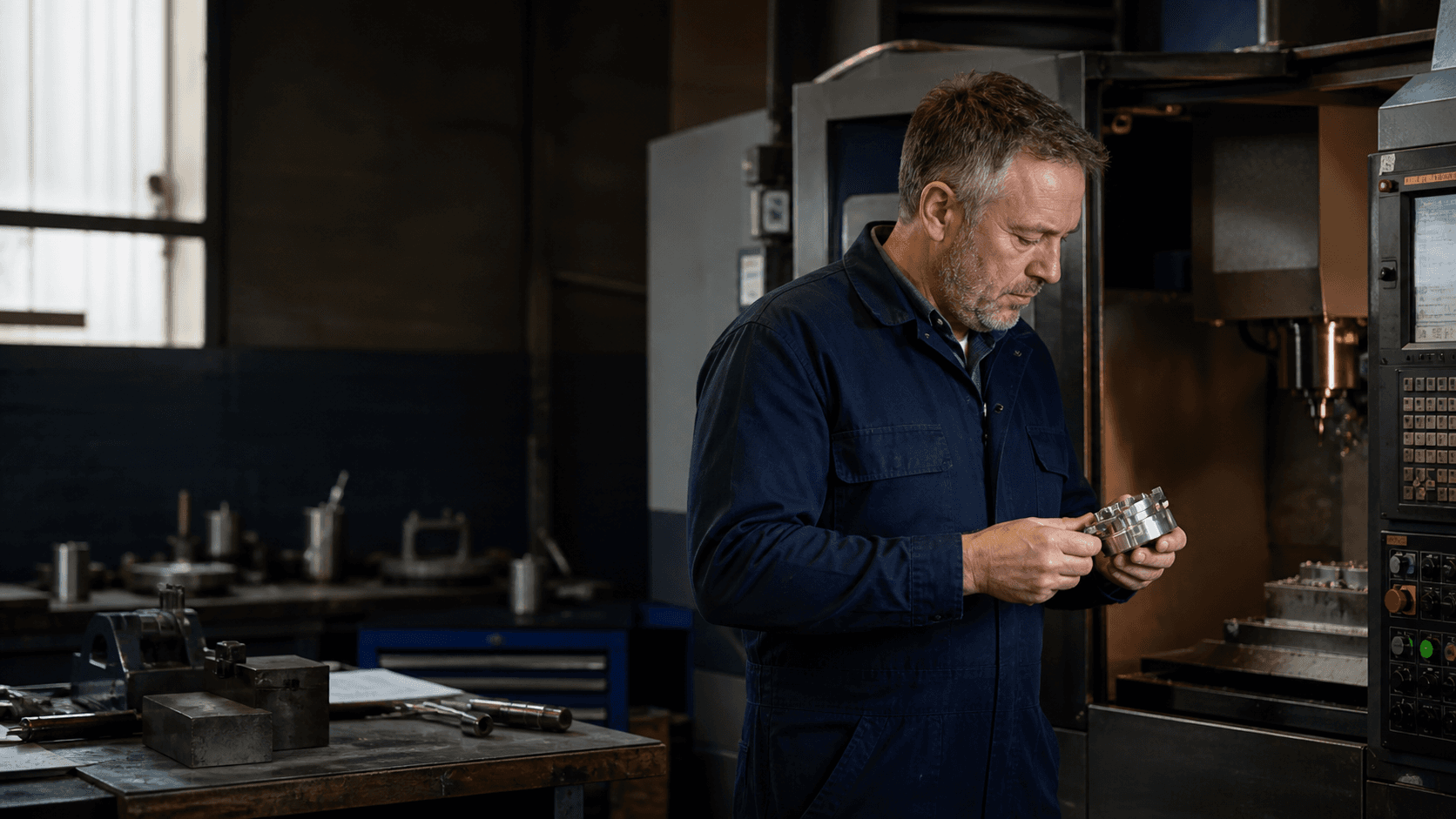 Independent engineering business owner inspecting a precision component in his workshop